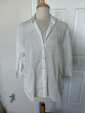 Zara White Eyelet Button-Down Shirt